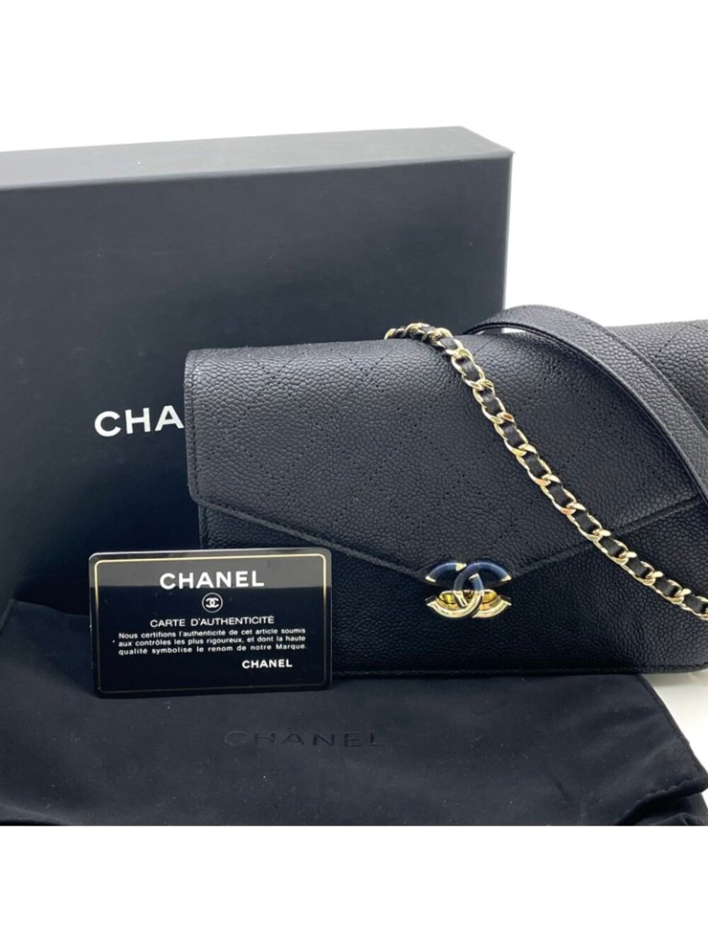 Chanel Half Coco Wallet Caviar Leather Black Chain Shoulder Bag Gold - Picture 15 of 15
